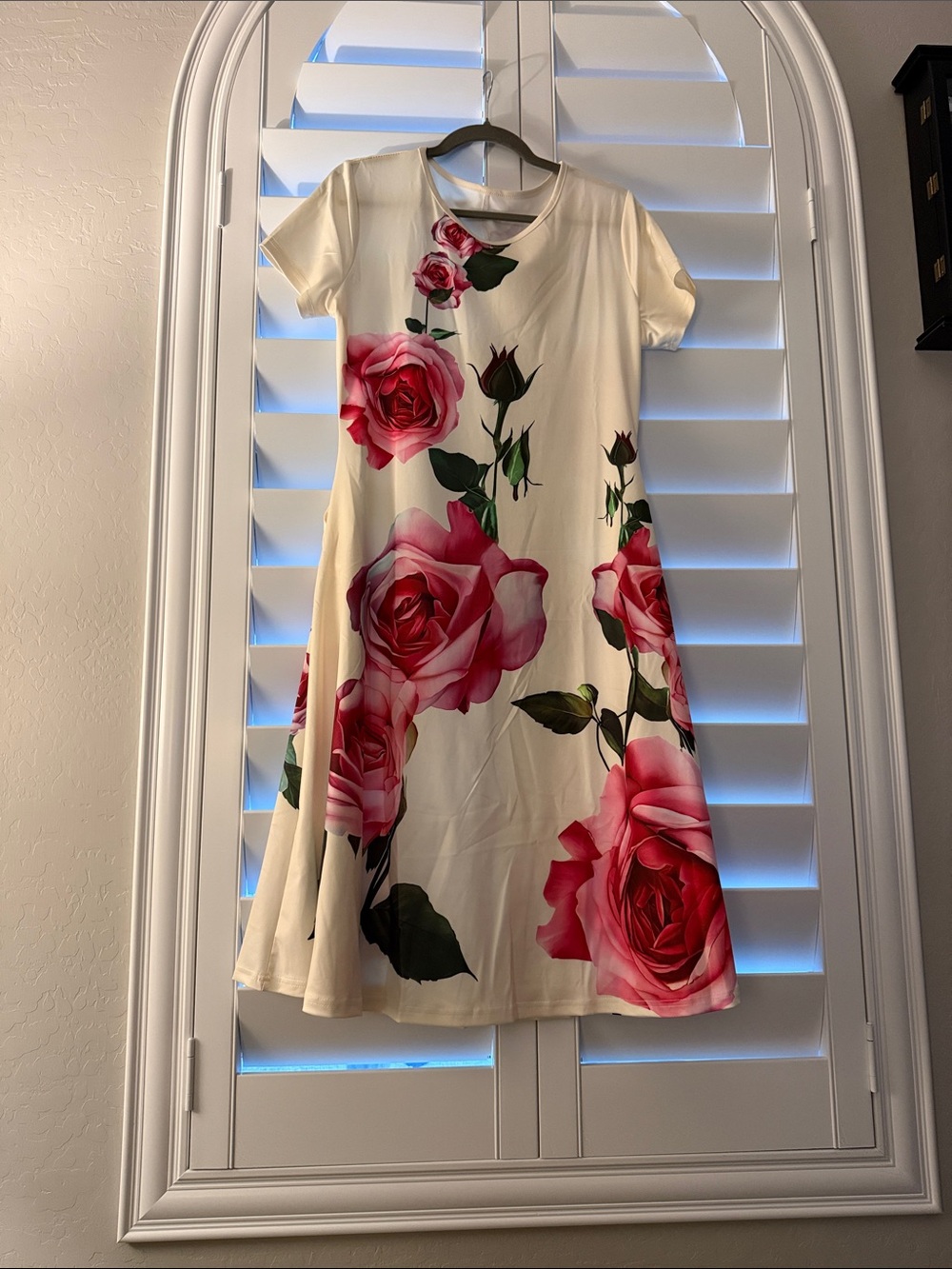 Cream A-Line Casual Dress with Pink Rose Print